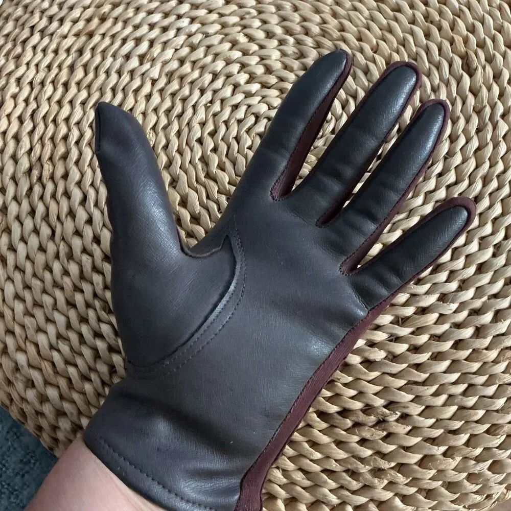 Women’s Black Faux Leather Gloves Burgundy Trim Hand Stitched Size 7